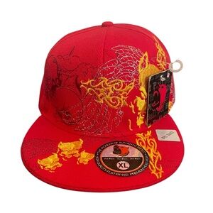 Pitbull Fitted Flat Billed Hat Red and Gold Embroidered Cap XL NWT